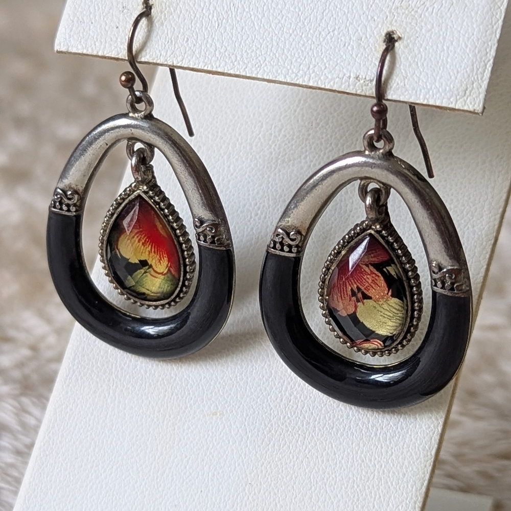 Vintage 80's Black and Silvertone Teardrop Pierced Earrings - Picture 5 of 6